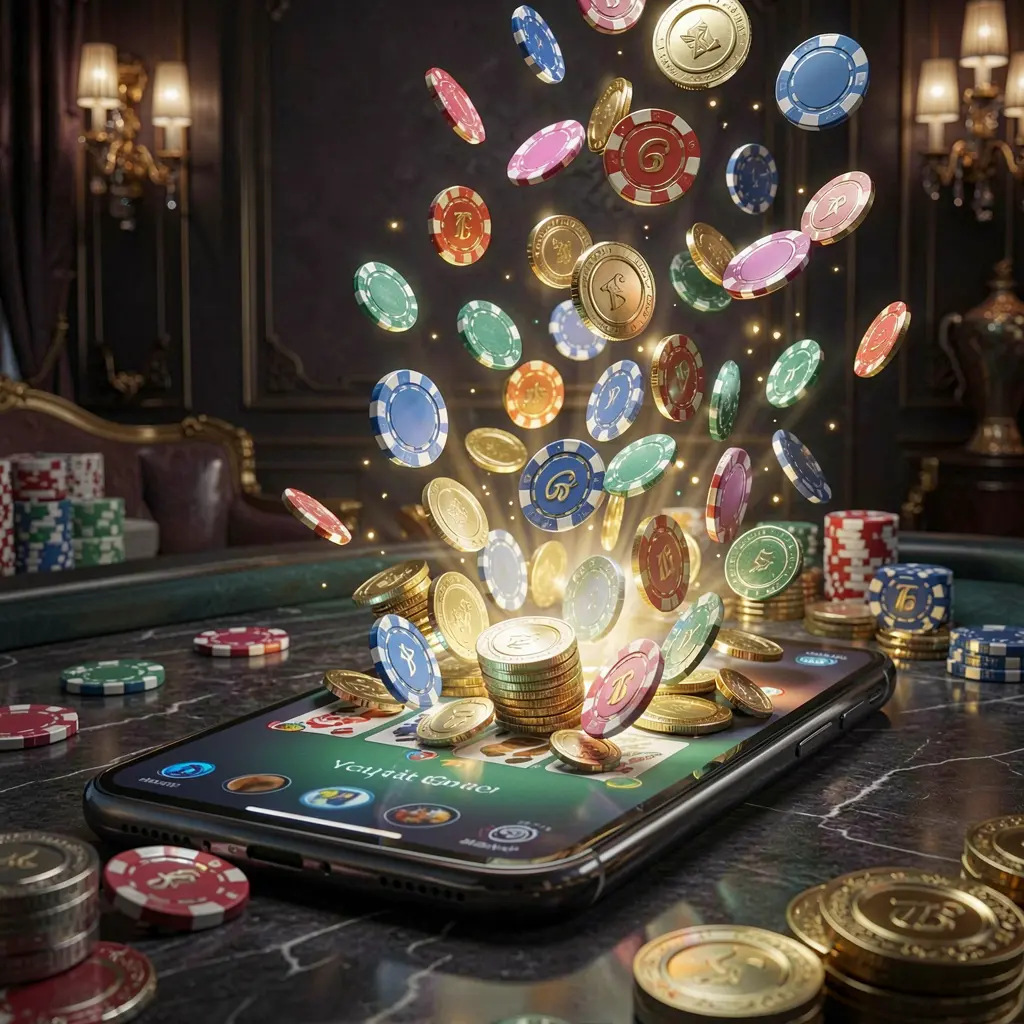 66Q9 online gaming app displayed on a smartphone screen glowing with casino chips and coins emerging against a luxury dark background with cinematic lighting in a high detail 3D render