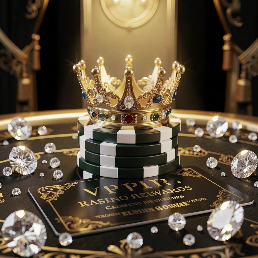 Elegant golden crown placed on top of poker chips with sparkling diamonds and a premium membership card in a luxury black and gold background, showcasing the exclusive high-end casino atmosphere of 66Q9