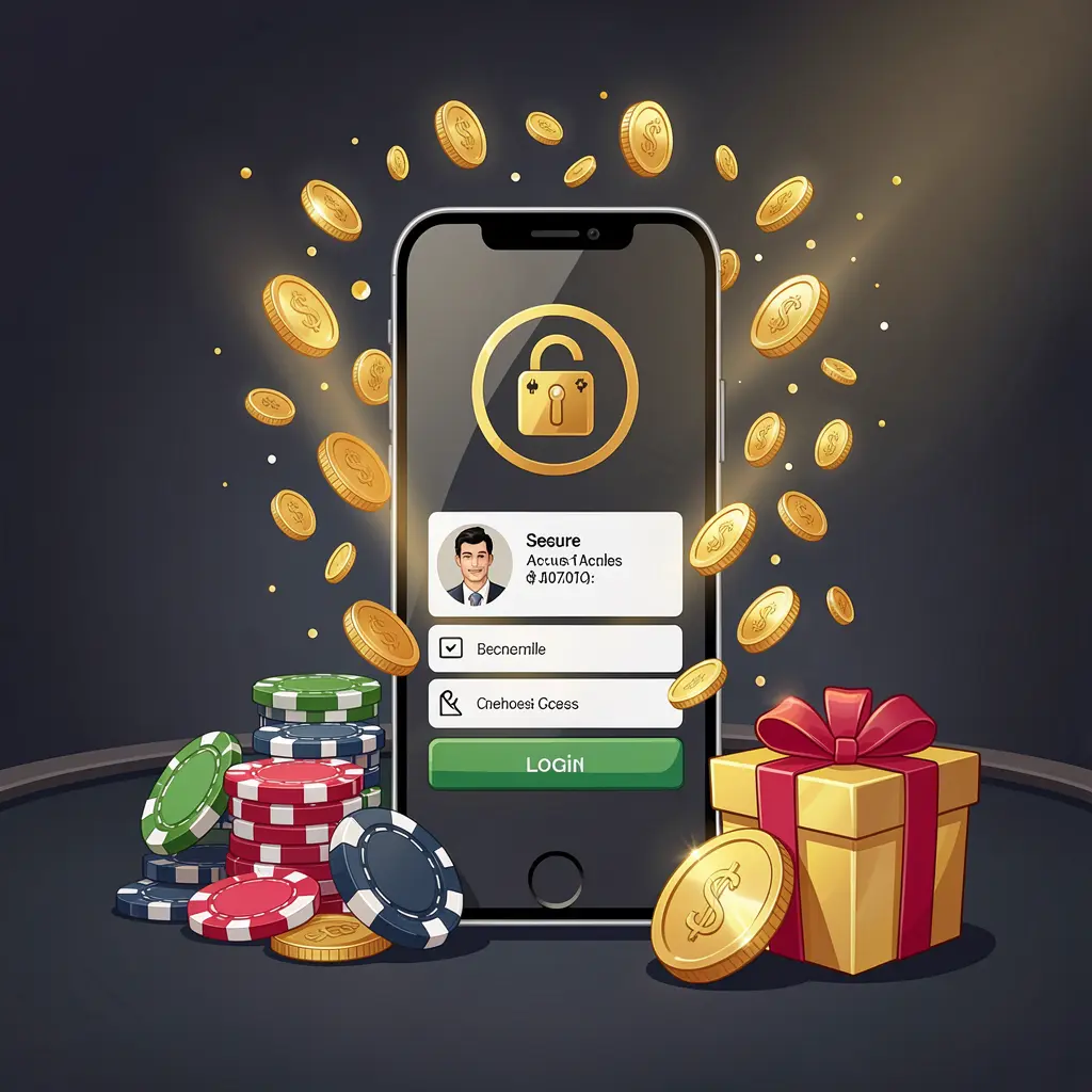 66Q9 casino user login illustration showing a phone with a secure access icon, golden coins bursting from the screen, poker chips and a gift box nearby on a dark premium background