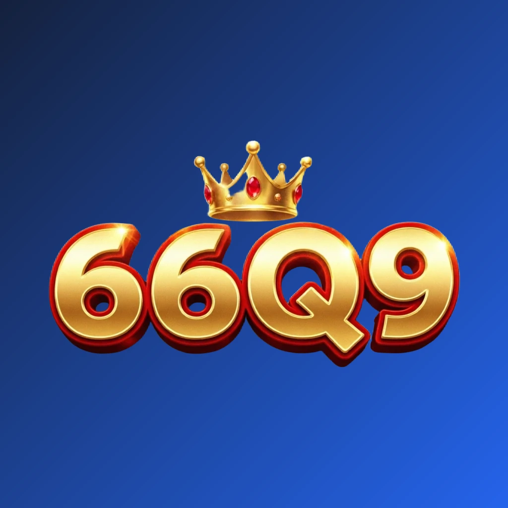 Dynamic casino-style logo for 66Q9 featuring massive bold lettering in bright gold and crimson colors, with a glowing crown and sparkling light effects on a transparent background, designed as a wide horizontal rectangular wordmark for website header
