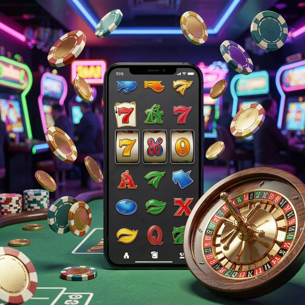66Q9 casino entertainment homepage concept featuring a modern mobile phone surrounded by slot symbols, roulette wheel, chips, and coins floating against a neon casino background in a premium 3D render